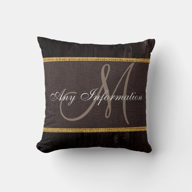 Monogram Wood Look Brown Burlap Rustic Kissen (Vorderseite)