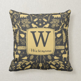 Monogram Woodland Holiday Throw Kissen / Gold