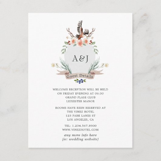 Monogram Woodland Wappen Wedding Guest Details Begleitkarte (Vorderseite)