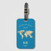 Monogram World Map Traveler Ocean Blue Gepäckanhänger (Vorderseite Vertikal)