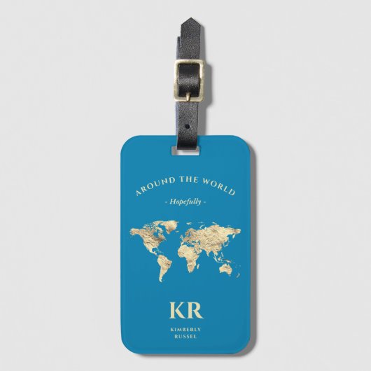 Monogram World Map Traveler Ocean Blue Gepäckanhänger (Vorderseite Vertikal)