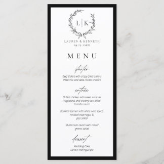Monogram Wreath Black | White Wedding Menu Card Menükarte
