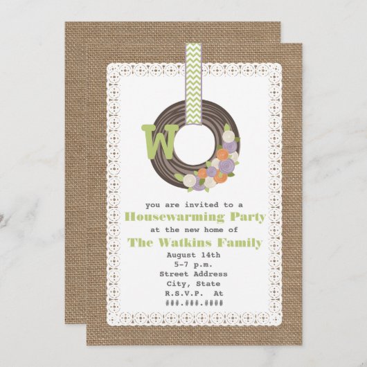 Monogram Wreath Burlap Housewarming Party Einladung (Vorne/Hinten)