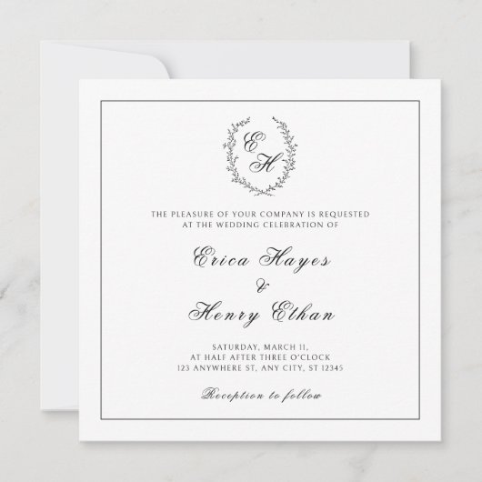 Monogram Wreath Elegant Square Wedding Einladung (Vorderseite)