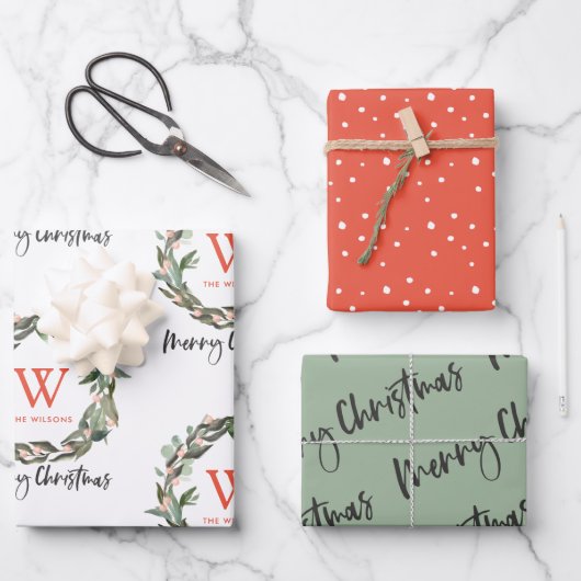 Monogram Wreath Frohe Weihnachtsfeiertage Geschenkpapier Set (Vorderseite)