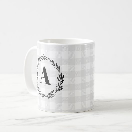 Monogram Wreath Gray Karo Pattern Kaffeetasse (Vorderseite Links)