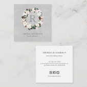 Monogram Wreath Gray Linen Social Media-Symbol Quadratische Visitenkarte (Vorne/Hinten)