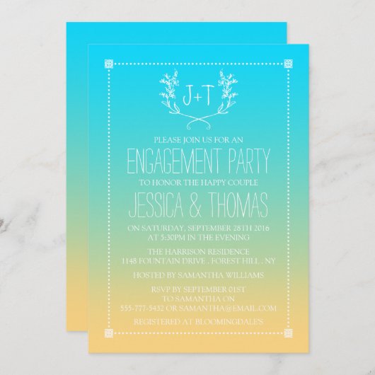 Monogram Wreath Ombre Beach Engagement Party Einladung (Vorne/Hinten)