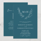 Monogram Wreath QR Code Aquamarin Blue Wedding Einladung (Vorne/Hinten)