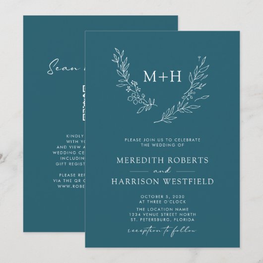 Monogram Wreath QR Code Aquamarin Blue Wedding Einladung (Vorne/Hinten)