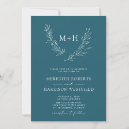 Monogram Wreath QR Code Aquamarin Blue Wedding Einladung
