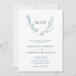 Monogram Wreath QR Code Aquamarin Blue Wedding Einladung