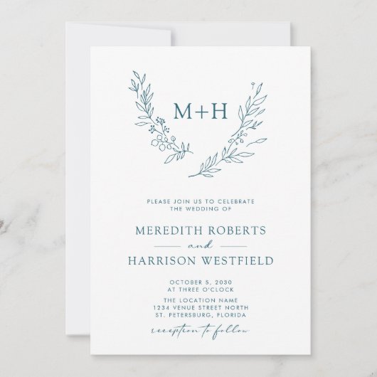 Monogram Wreath QR Code Aquamarin Blue Wedding Einladung (Vorderseite)