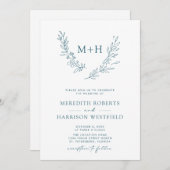 Monogram Wreath QR Code Aquamarin Blue Wedding Einladung (Vorne/Hinten)