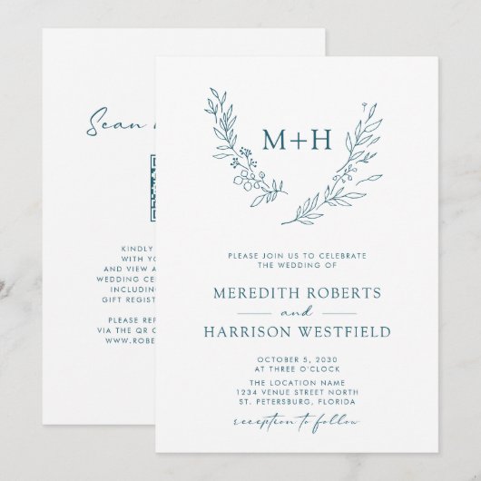 Monogram Wreath QR Code Aquamarin Blue Wedding Einladung (Vorne/Hinten)