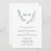 Monogram Wreath QR Code Forest Green Wedding Einladung (Vorne/Hinten)