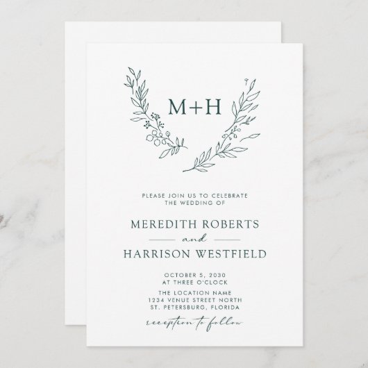 Monogram Wreath QR Code Forest Green Wedding Einladung (Vorne/Hinten)