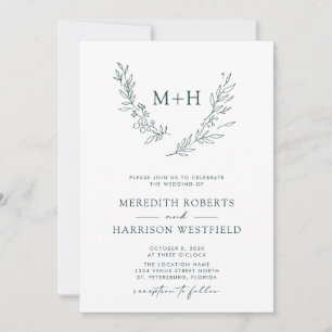 Monogram Wreath QR Code Forest Green Wedding Einladung