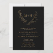 Monogram Wreath QR Code Gold auf Black Wedding Einladung (Vorderseite)