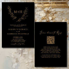Monogram Wreath QR Code Gold auf Black Wedding Einladung