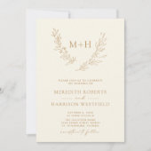 Monogram Wreath QR Code Gold auf Cream Wedding Einladung (Vorderseite)