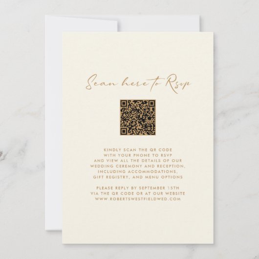 Monogram Wreath QR Code Gold auf Cream Wedding Einladung (Rückseite)