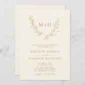 Monogram Wreath QR Code Gold auf Cream Wedding Einladung (Vorne/Hinten)