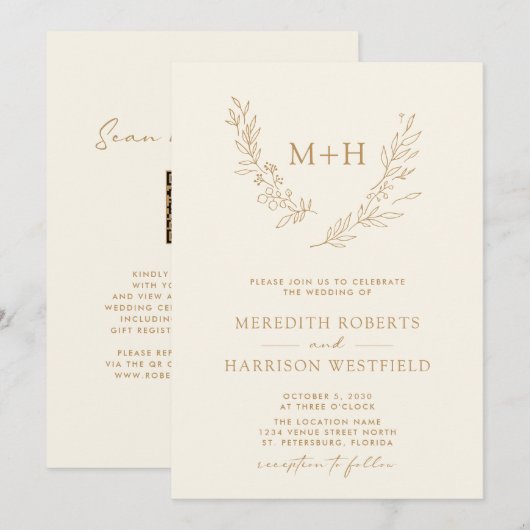 Monogram Wreath QR Code Gold auf Cream Wedding Einladung (Vorne/Hinten)
