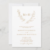 Monogram Wreath QR Code Gold auf White Wedding Einladung (Vorderseite)