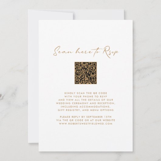 Monogram Wreath QR Code Gold auf White Wedding Einladung (Rückseite)