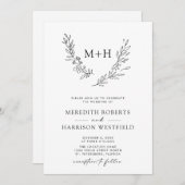 Monogram Wreath QR Code Schwarz-Weiß Hochzeit Einladung (Vorne/Hinten)