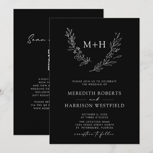 Monogram Wreath QR Code Schwarz-weiß Wedding Einladung (Vorne/Hinten)