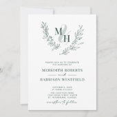 Monogram Wreath QR Code Smarald Green Wedding Einladung (Vorderseite)