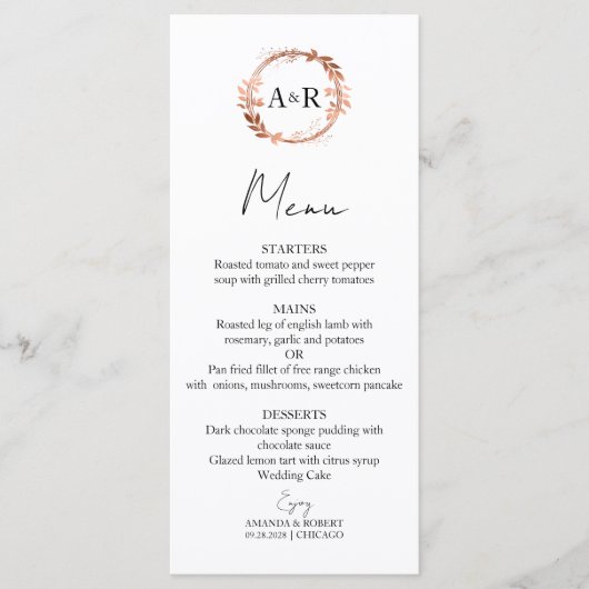 Monogram Wreath Rose Gold Foil Foto Hochzeit Menükarte (Vorderseite)