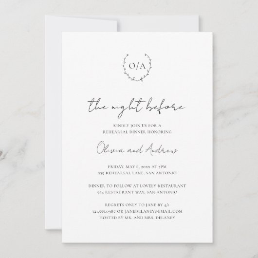 Monogram Wreath Wappen Elegantes Probe Abendessen Einladung (Vorderseite)