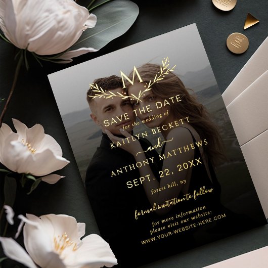 Monogram Wreath Wedding Foto Save the Date real Folieneinladung