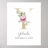 Monogram Y Pink White Floral Gold Letter Kinderzim Poster (Vorne)