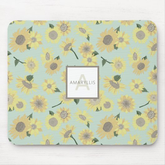 Monogram Yellow Blue Sunflower Blume Mousepad (Vorne)