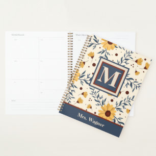 Monogram Yellow Daisy Floral Teacher Initial Planer