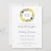Monogram Yellow Graue Floral Wreath Wedding Einladung (Vorderseite)