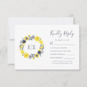 Monogram Yellow Graue Floral Wreath Wedding RSVP Karte (Vorderseite)
