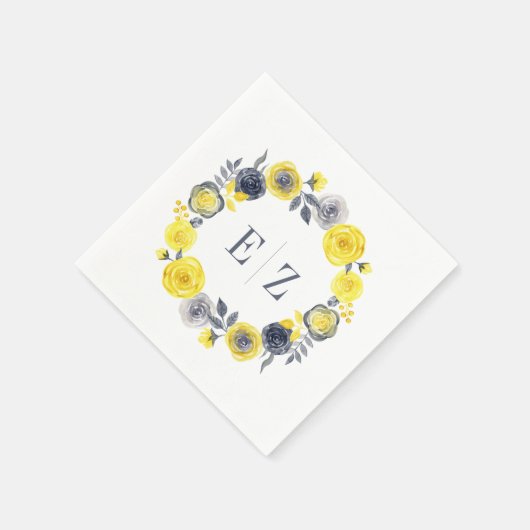 Monogram Yellow Grey Boho Floral Wreath Wedding Serviette (Ecke)