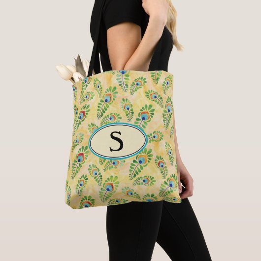 Monogram Yellow Peacock Blue Pattern Wiederverwend Tasche (Von Nahem)