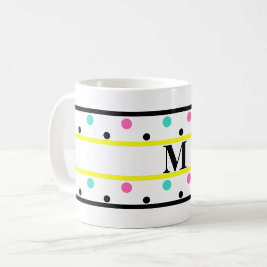 Monogram Yellow Pink Türkis Polka Dots Kaffeetasse (Vorderseite Links)