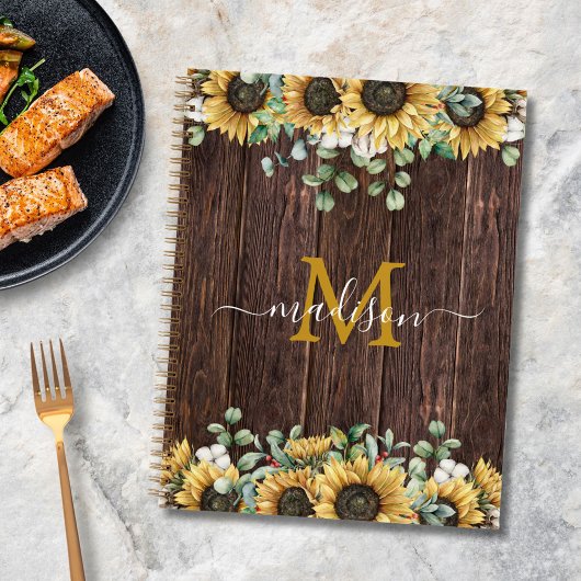 Monogram Yellow Sunflower Brown Wood Recipe Book Notizblock
