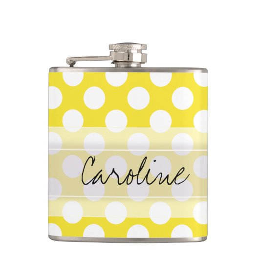 Monogram Yellow White Trendy Fun Polka Dot Pattern Flachmann (Vorderseite)