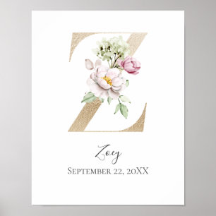 Monogram Z Pink White Floral Gold Letter Kinderzim Poster