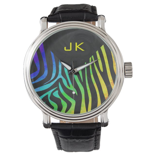 Monogram Zebra Black und Regenbogen Print Armbanduhr (Vorderseite)
