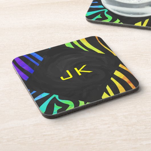 Monogram Zebra Black und Regenbogen Print Getränkeuntersetzer (Linke Seite)