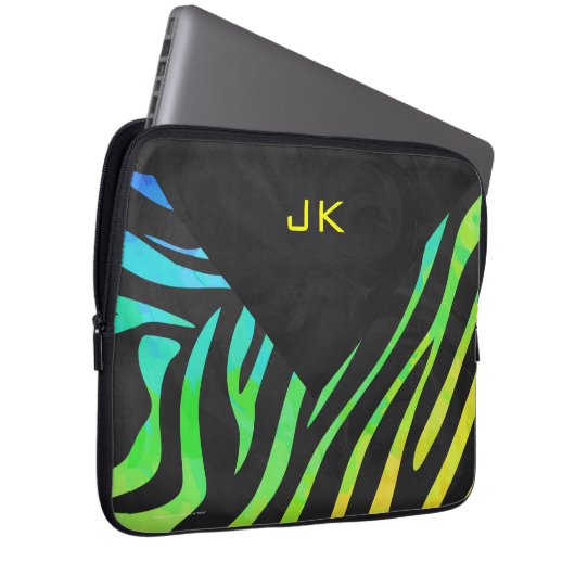 Monogram Zebra Black und Regenbogen Print Laptopschutzhülle (Vorne Rechts)